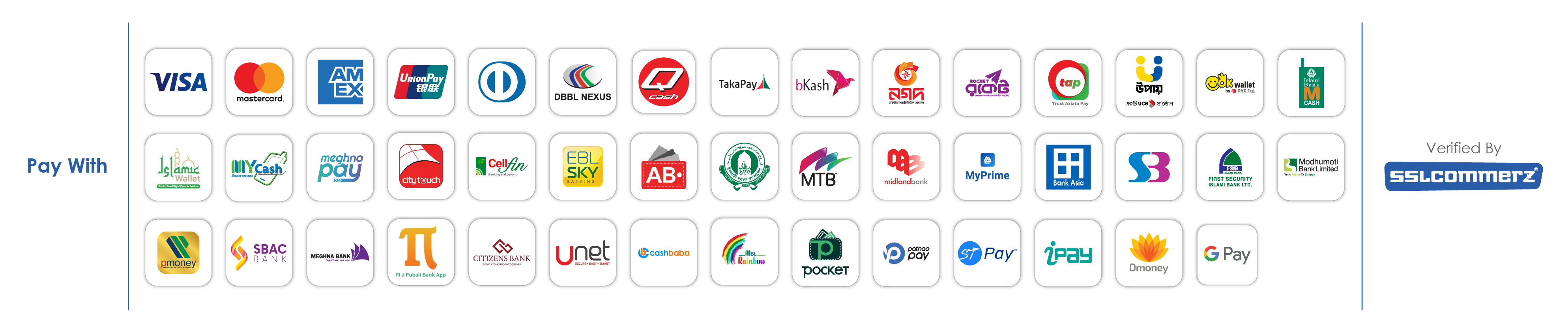 Pay with Visa, Mastercard, American Express, UnionPay, Diners Club, DBBL Nexus, Qcash, TakaPay, bKash, Nagad, Rocket, Upay, OK Wallet, Islami Bank mCash and all major Bangladeshi bank and mobile financial services. Verified by SSLCOMMERZ.